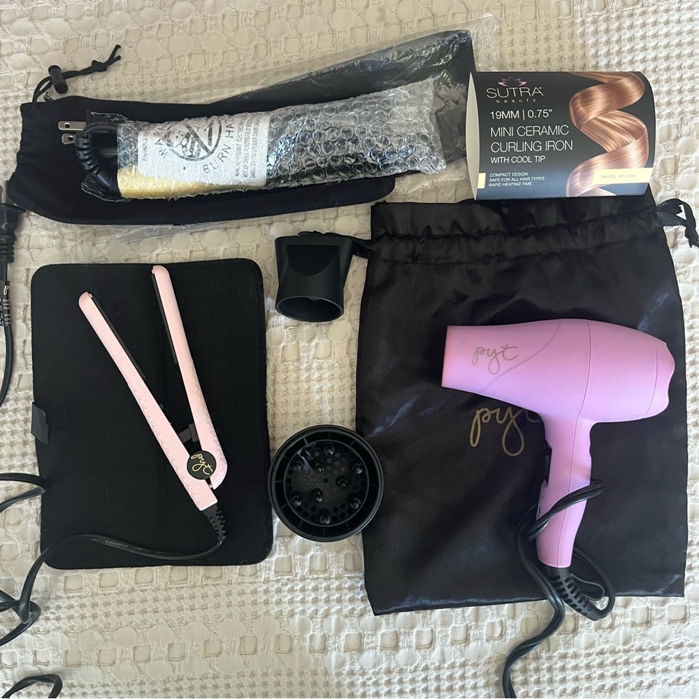 PYT Mini Pink Hair Dryer and Flat Iron Set + SUTRA Yellow Hair Curler